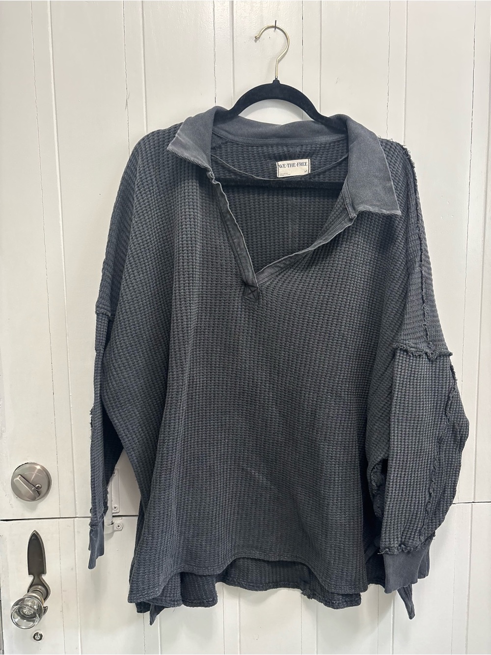Free People Washed Charcoal Waffle-Knit Polo Sweater